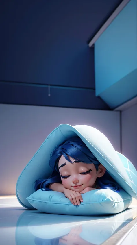 A 3D Pixar-style animation frame featuring a woman lying down in a cool room, cooling her head with an ice pillow. The woman looks relieved and comfortable. The background should be simple and clean, focusing on the character and the cool environment. No t...