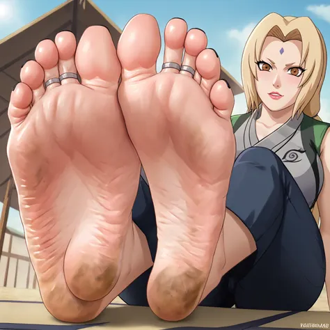 Tsunade From Naruto, feet, soles, very wrinkled soles, very dirty soles, black toenail, toes ring, soles focus. Very detailed soles, very detailed soles wrink, Masterpiece, UHD