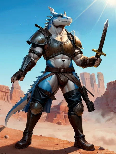 Solo Sexy young anthro scalie dragon male mercenary medieval solider, slim endomorph muscular, anthro handsome gay shorter muzzle, handsome gay model male apperance, sword scars, worn out leather skimpy armament, low on hips heavy leather belt, old very wo...