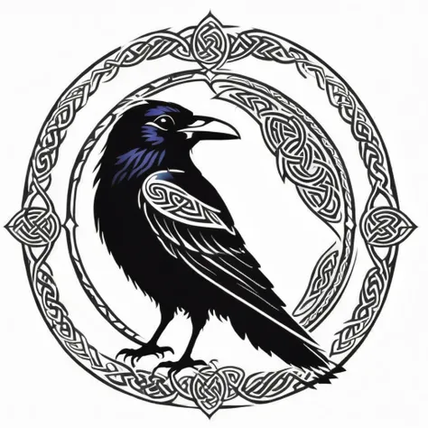 celtic style, tribal style, norse style, black and white, spellcasting raven