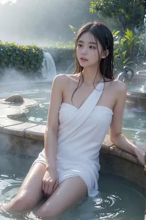 (masterpiece), (best quality:1.4), Ridiculous, [:intricate details:0.2], 1 girl, (naked towel), (fountain, hot spring:1.2), hydrated skin, (FOG:1.2), mist, skin shiny, Glowing skin, (partially submerged in the hot spring:1.2), (wet hair:1.2), mist, wet, mo...