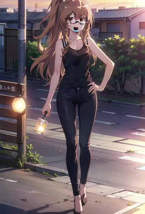 taiga aisaka, taiga aisaka, Long Hair, Brown Hair, Brown eyes,happy smile, smile, Open your mouth,ponytail,Black-rimmed glasses,Brown Tank Top,Skinny jeans,Stiletto heels,The rising sun,morning,morning陽,walking,whole bodyがイラストに入るように,
break outdoors, constr...