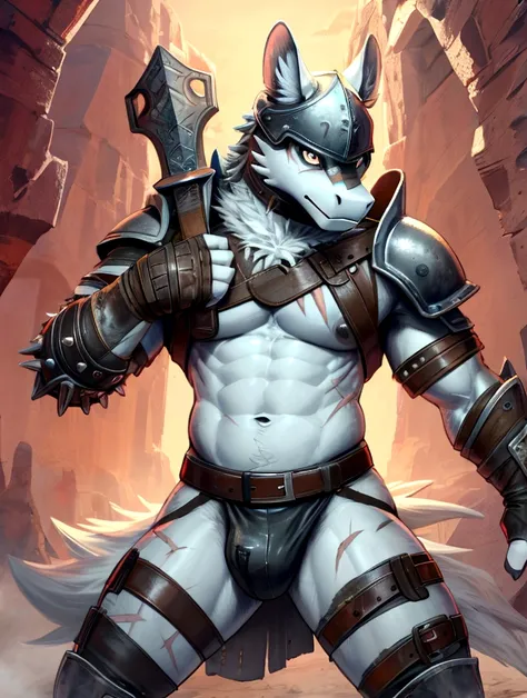 Solo Sexy young anthro scalie dragon male mercenary medieval solider, slim endomorph muscular, anthro handsome gay shorter muzzle, handsome gay model male apperance, sword scars, worn out leather skimpy armament, leather anthro head bondage muzzle face lea...