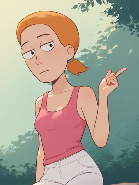 summer smith,, orange hair, white pants, low-cut pink tank top