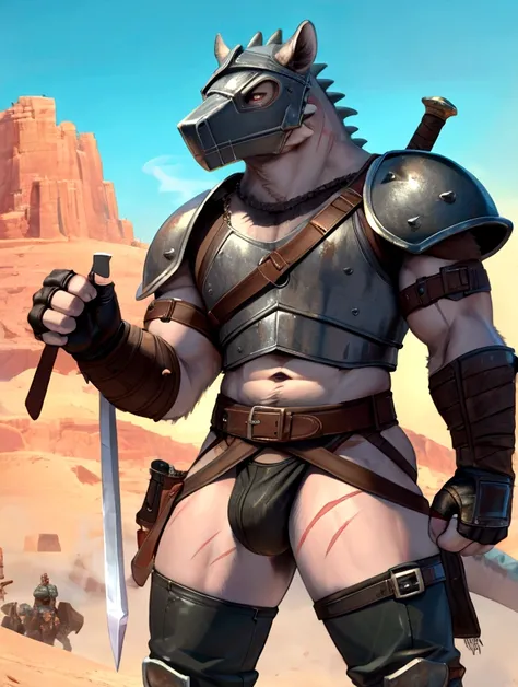 Solo Sexy young anthro scalie dragon male mercenary medieval solider, slim endomorph muscular, anthro handsome gay shorter muzzle, handsome gay model male apperance, sword scars, worn out leather skimpy armament, leather anthro head bondage muzzle face lea...