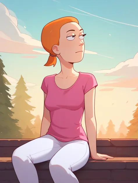 summer smith,, orange hair, white pants, pink sleeveless low cut t-shirt looking straight and posing sexy