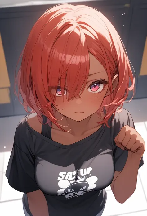 Best quality, score_9, score_8_up, score_7_up, 1girl, tan skin, freckles, left eye blue, right eye yellow, red hair, short hair, (paw pose), hands at shoulder height, clenched fists, black oversize shirt, off shoulder, short sleeves, saggy shirt, closed mo...