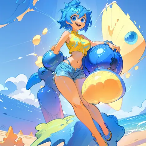 (masterpiece), ((perfect anatomy)), (high Res), (4k), joy, blue eyes, blue hair, yellow skin, huge breast, wide hips, (((blue top))), (((shorts))), (beach), happy, (((cartoony artstyle))), (((solo))), narrow waist