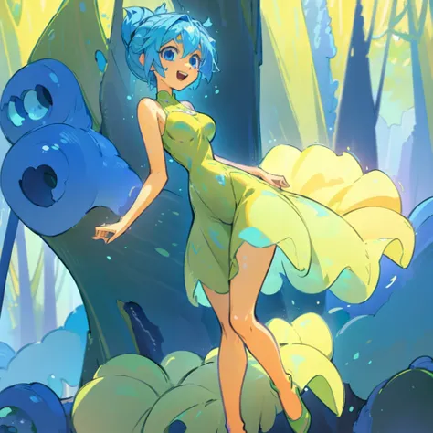 (masterpiece), ((perfect anatomy)), (high Res), (4k), joy, blue eyes, blue hair, yellow skin, huge breast, wide hips, (((green dress))), happy, (((anime artstyle))), (((solo))), narrow waist, (in a forest)