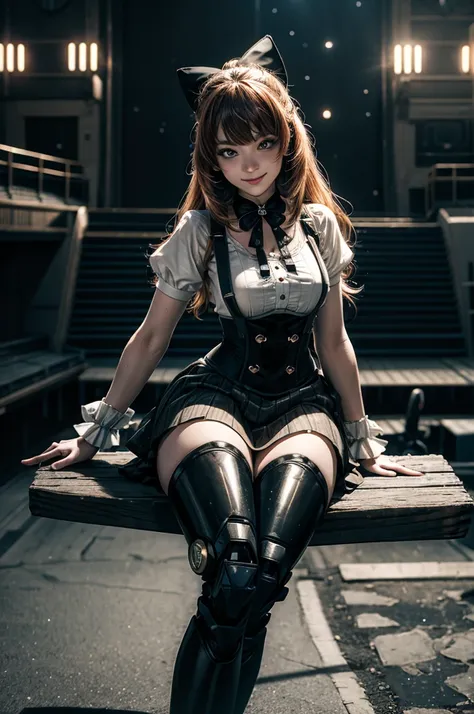 cowboy shot, (dynamic pose), smile,  underbust, penny polendina, long hair, neck ribbon, suspender skirt, corset, black bow, whi...