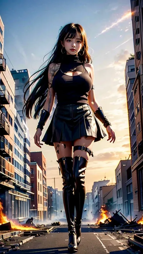 Ground View，giantesscity,giant girl 500 feet high，skyscrapers,Have a pair of ultra long legs,stepping in the crowd，many people in street,a pair of huge breasts，Princess，mini skirt,black silk socks，Has black waist-length hair，Wearing a pair of Mary Jane hee...