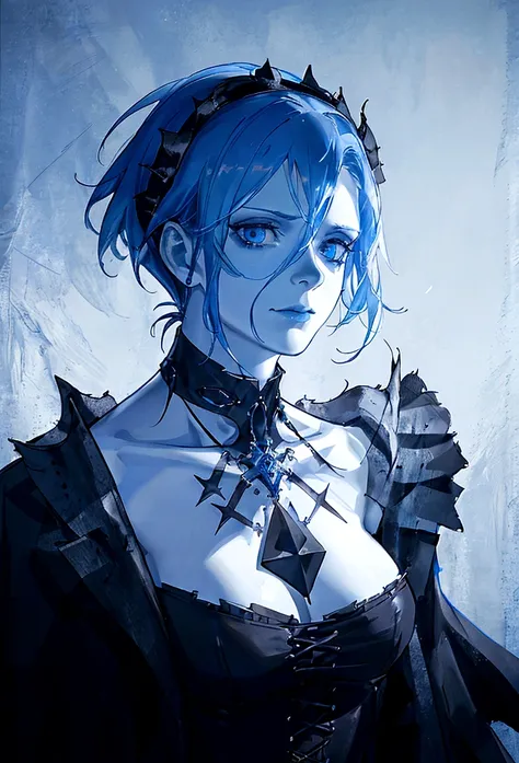 a huge blue-haired Frankenstein, large white-blue skin, torn black clothes, detailed face, hyperrealistic, cinematic lighting, dark moody atmosphere, gothic horror, retalhos no rosto