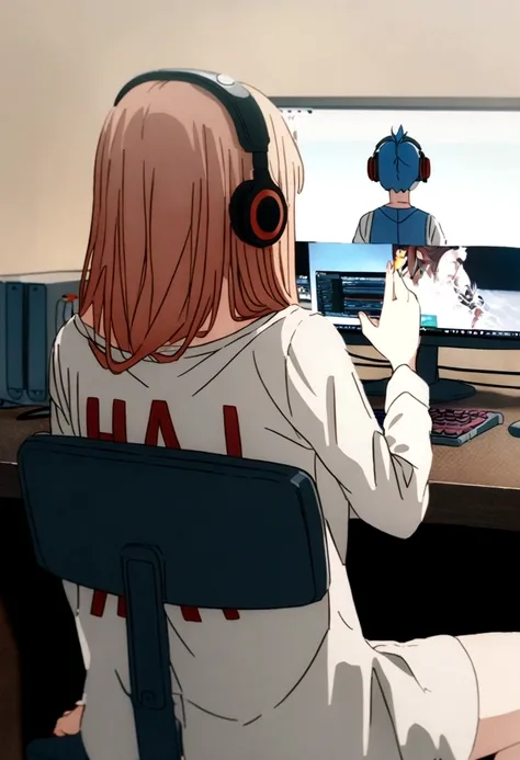 1 anime girl, wearing a shirt with the name harl written big on it, in the back, sitting on a chair, wearing headphones, playing...