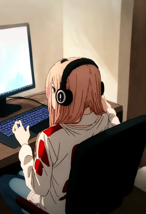 1 anime girl, wearing a shirt with the name harl written big on it, in the back, sitting on a chair, wearing headphones, playing...