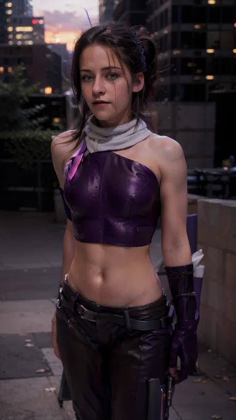 (masterpiece), (photorealistic1.4), (1 girl), (solo), (best quality), (large breasts), (epiCRealLife), (Kate Bishop long hair), (sleeveless top), (kateb2023 black utility belt), (kateb2023 purple costume), (purple pants) (kateb2023 purple sleevless bodysui...