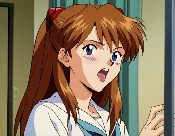 score_8_up, score_7_up, score_6_up, source anime, anime screencap, retro artstyle, retro anime, asuka langley soryu, long hair, bangs, blue eyes, brown hair, hair ornament, small breasts, naked, looking at viewer, serafuku, indoors, hospital room, looking ...