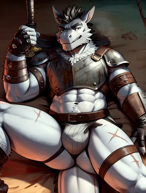  
Solo Sexy young anthro scalie dragon male mercenary medieval solider, slim endomorph muscular, anthro handsome gay shorter muzzle, handsome gay model male apperance, sword scars, worn out rusty skimpy armament, low on hips heavy leather heavy belt, old v...