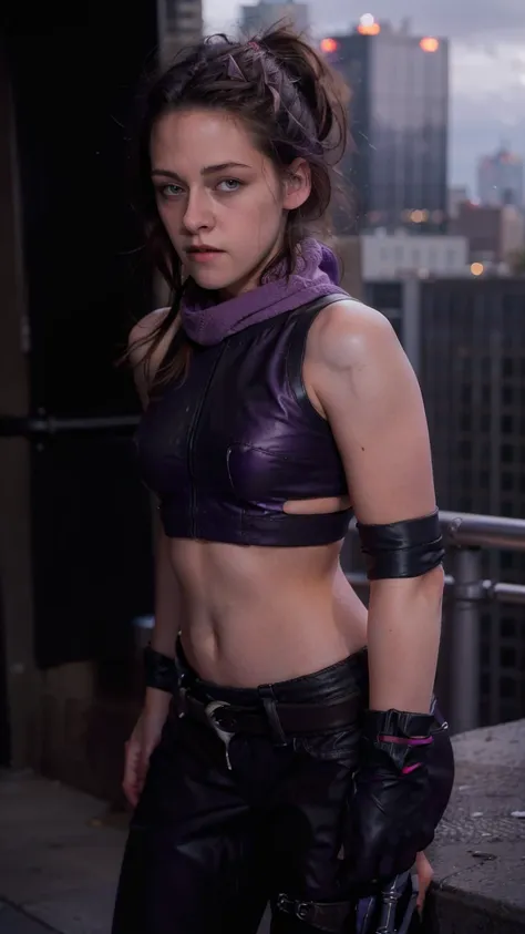 (masterpiece), (photorealistic1.4), (1 girl), (solo), (best quality), (large breasts), (epiCRealLife), (Kate Bishop long hair), (sleeveless top), (kateb2023 black utility belt), (kateb2023 purple costume), (purple pants) (kateb2023 purple sleevless bodysui...