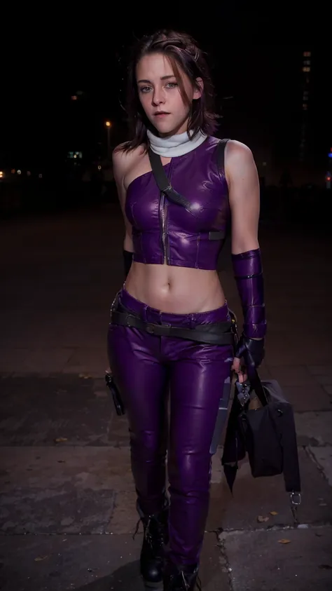 (masterpiece), (photorealistic1.4), (1 girl), (solo), (best quality), (large breasts), (epiCRealLife), (Kate Bishop long hair), (sleeveless top), (kateb2023 black utility belt), (kateb2023 purple costume), (purple pants) (kateb2023 purple sleevless bodysui...