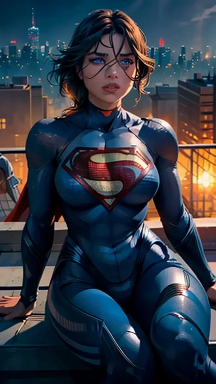 supergirl, sitting on a rooftop building, lost in deep thought, looking at the city, perfect eye, beautiful highly detailed eyes...