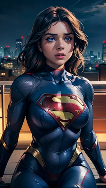 supergirl, sitting on a rooftop building, lost in deep thought, looking at the city, perfect eye, beautiful highly detailed eyes...