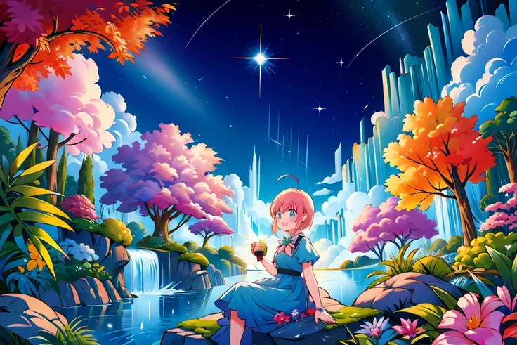 scenery, light blue sky, 1girl, ichika sitting in the waterfalls, cloud, sitting on rocks in the middle of the waterfall, magica...