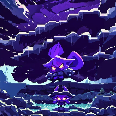 picture a pixel art representation of a yordle, modeled after veigar, standing on a pier during a rainstorm. the dark clouds ove...