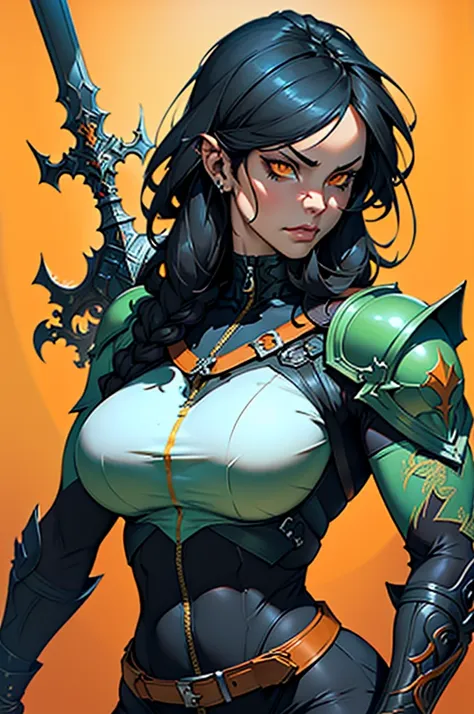 there is a woman (curvaceous, glowing orange eyes) with a sword and armor on a orange background, cyberpunk art by chen jiru, ar...