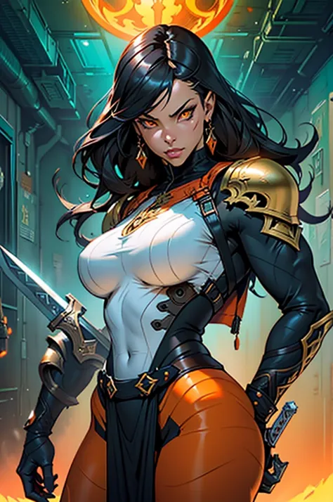 there is a woman (curvaceous, glowing orange eyes) with a sword and armor on a orange background, cyberpunk art by chen jiru, ar...