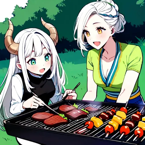 beautiful young, White hair, Capricorn horns, having a barbecue