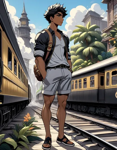 anime+yaoi+hentai style, pastel color palette, symmetrical composition, ultra-detailed artistic style, oil painting, full body, perfect composition, perfect anatomy, wearing small shorts, dramatic, natural lighting, a beautiful young man, handsome, tall, p...