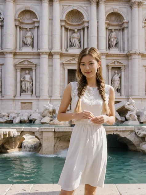 her name is Asako, high quality, 1girl, ((20-year-old fit Caucasian woman)), ((20 years old)), ((slim)), ((Fishtail Braid hair)), pose: standing, wearing unique stylish fashionable Generation-Z modern wear pastel colored, BACKGROUND:"At the Trevi Fountain,...