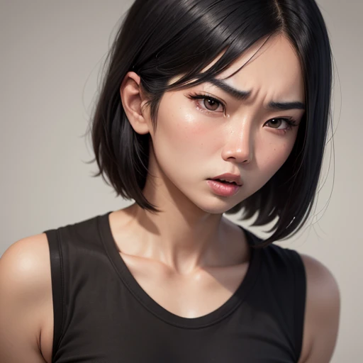 Realistic face of a beautiful 22 year old Asian woman, short straight black hair, anger expression. White background.