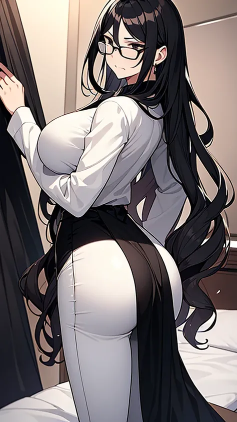 1woman, long wavy black hair, make-up, black eyes, glasses, serious face, white blouse, black pants, black heels, big breasts, big ass, bed room background