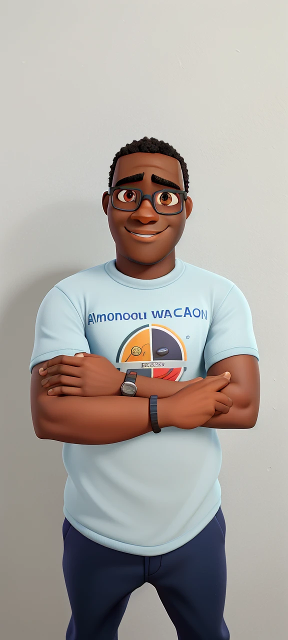 Mozambican man, dark-skinned, Pixar-style, High definition, best quality. Eyeglasses, plumpness, paunchy