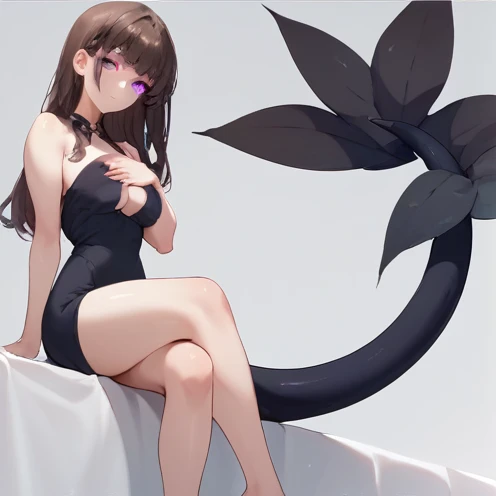 (nsfw, body semi exposed) 1 adult anime girl, solo, looking at viewer, black tail, strong purple eyes, sitting, big breasts, black dress, 2 very slim dress bands covering breasts, hair hears, long dark brown hair.