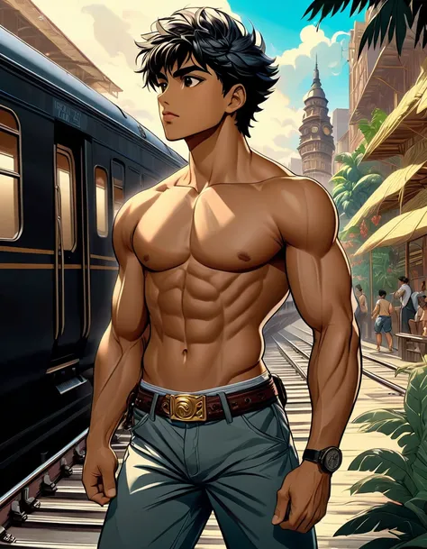 anime+yaoi+hentai styl, intense colors palette , simetryc composition,  ultradetailed art style, oil painting, fullbody, perfect compositicion,  perfect anatomy, wearing small litle shorts, dramatic, natural lighting, a young gorgeous, handsome, tall, perf...