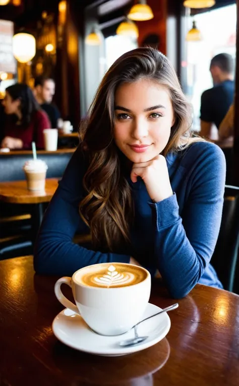 une jeune fille de 23 ans est assise dans un café tranquille à San Francisco,tasse fumante de café chaud sur sa table,serein,détendu,Occasionnel, Photographie cinématographique d&#39;art hyperréaliste dans le style d&#39;une séance photo hyperréaliste déta...