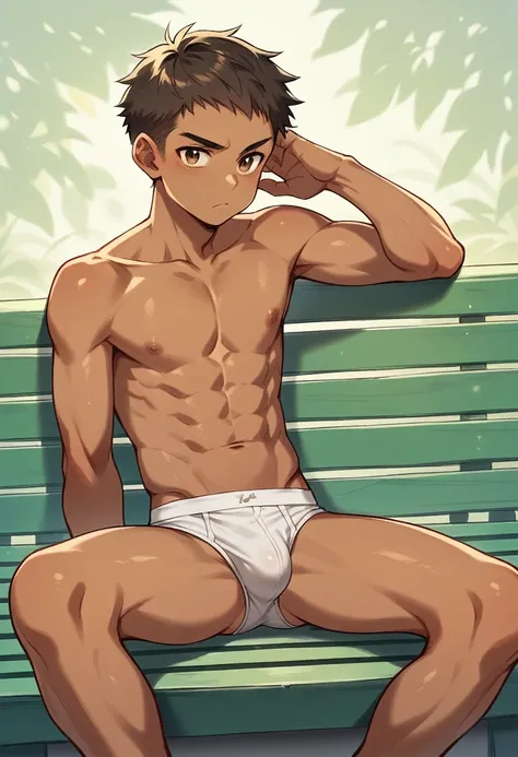 1 young boy sitting, Her hair is brown, large side stripe, your brown eyes with a serious look, YOUR TANNING SKIN, Your body is thin, he is wearing underwear with a medium bulge