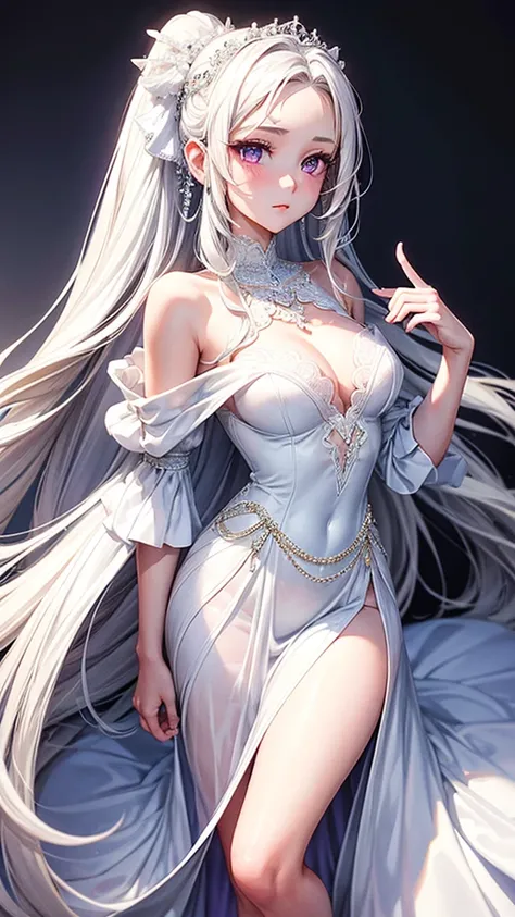 Most beautiful teenage bride wearing an elegant off the shoulder white wedding dress with a vail. Most dreamy figure and facial features. Extremely long white hair and purple eyes. ultra clear details.