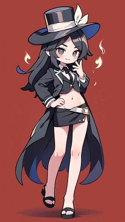 First place girl，Black top hat，smoke，Long straight hair，Dark brown pupils，白色外套配黑色紧身Navel装，Bare legs，头戴Black top hat，Expression is a must，Smile，Navel，Clothes with black as the main color