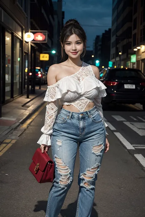 city night ,((full body shot:0.8)),with heavy traffic in the background ,beautiful woman,wearing One-shoulder Lace Patchwork Off-shoulder Ruffle Sleeve Top, heavy worn out blue jeans, red white sport shoes, woman with nice breasts, ponytail hair ,big hips,...