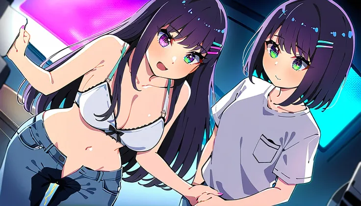 (masterpiece:1.37), best quality, (extremely detailed:1.37), woman, mature, adult, large breasts, very long hair, (straight hair:1.5), dark purple hair, purple eyes, (extremely detailed eyes:1.37), crop top, cleavage, navel, jeans, (groin:1.25), desperatio...