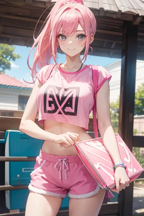 Tall caucasian woman with pink hair in a ponytail, wearing a pink tang top, pink shorts, and pink sneakers smiles holding a cake in one hand.