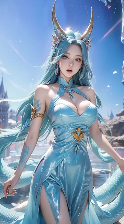 best qualityer，tmasterpiece，Ultimate resolution，downy，Extremely colorful，Colorful，palace background，A dragon girl，Royal Sister，Light blue bandeau maxi dress，huge tit，A pair of ice crystal dragon horns，（Ice blue super long hair），Ice crystal palace backgroun...