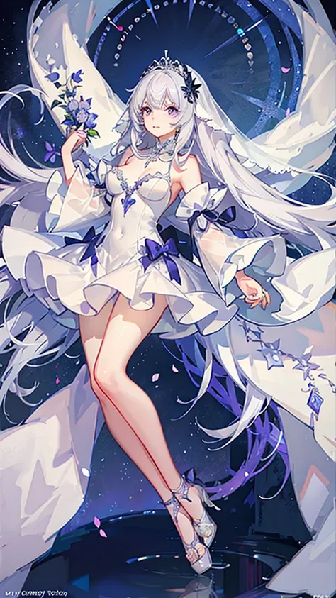 Most beautiful teenage bride wearing an elegant off the shoulder white wedding dress with a vail. Most dreamy figure and facial features. Extremely long white hair and purple eyes. ultra clear details.