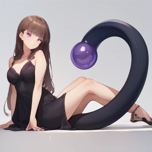 1 adult anime girl, solo, looking at viewer, black tail, strong purple eyes, sitting, big breasts, black dress, 2 very slim dress bands covering breasts, hair hears, long dark brown hair, nsfw, breats semi exposed.