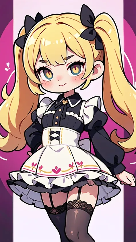 A girl, Lolita style, maid, blonde hair, long hair, twin tails, long twin tails, bangs, heterochromatic eyes, one pupil is purple, one pupil is gold, black stockings, stockings, flesh Legs, lift skirt to reveal panties, black lace panties, panties, briefs,...