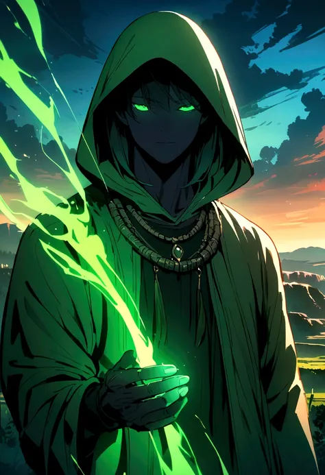 Human male wearing a green hood, Has a mysterious and dark face, Eyes glowing green, Bright landscape in the background  