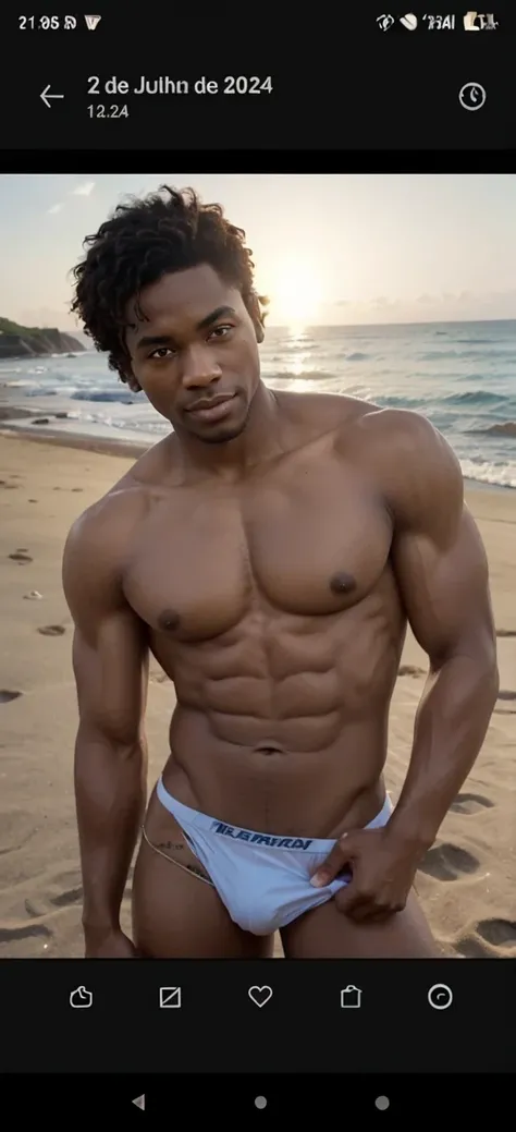 muscular black man, with a seductive expression, in a sunny setting on the beach. He is lying on a towel, with your hands resting on your shoulders, showing off your defined and athletic body. The sea breeze caresses your skin, making your muscles even mor...